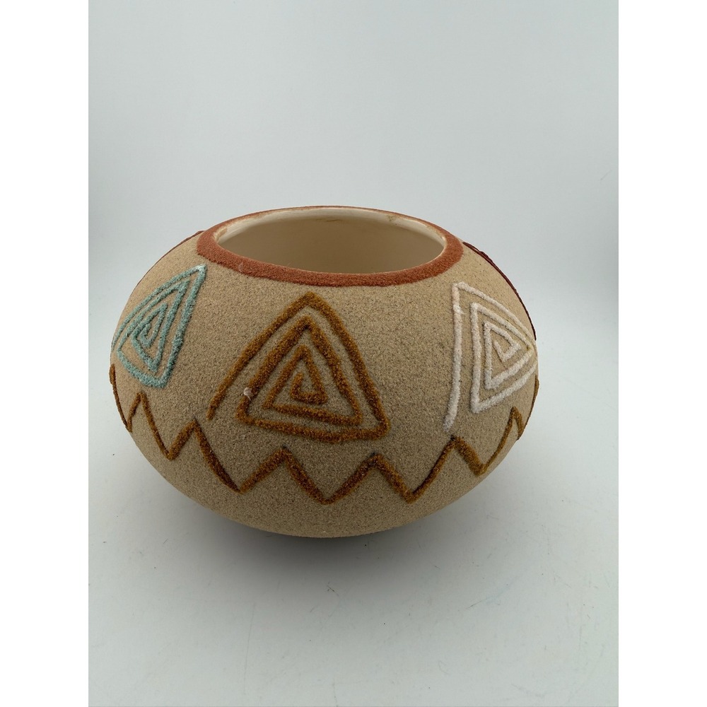 Round Ceramic Pot Decorative Bowl Southwestern Tribal Geometric Design Tan